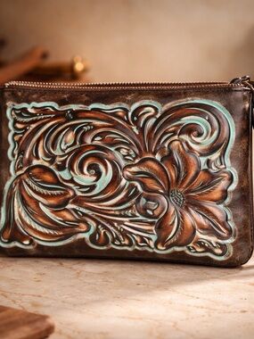 Patricia Nash Brown Leather Tooled Floral Wristlet with Turquoise Highlights